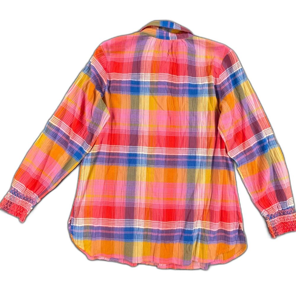 Soft Surroundings Sansonne Plaid Smocked Button Down Shirt Small Pink Cotton - Picture 2 of 10
